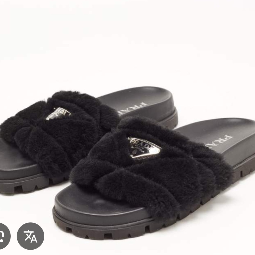 Prada Black Fur Open Toe Slides